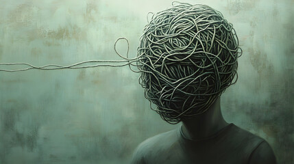 A head as a tangled ball of yarn, unraveling into a straight line of calmness.


