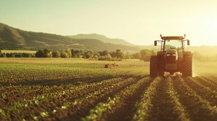 Obraz premium A tractor in a farm field, representing modern agriculture and farming techniques.
