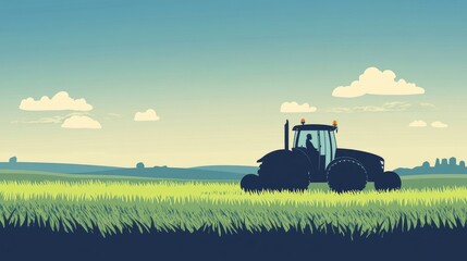 Fototapeta premium A tractor silhouette icon on a green field, symbolizing modern agriculture and farming.