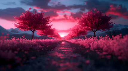 Cherry Blossom Trees Full Bloom Landscape Anime