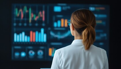 A professional woman analyzing data on a screen, showcasing modern technology and business intelligence in an office environment.