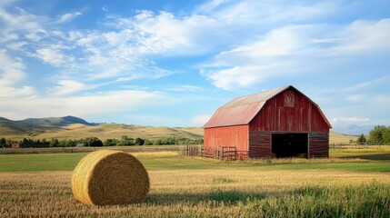 A barn and hay bale on a farm field, symbolizing rural life and agriculture.