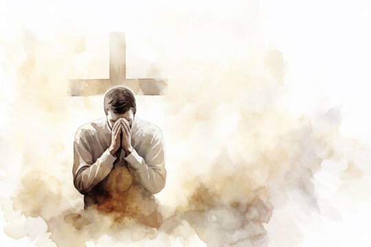 Brush Painted Watercolor Sad Man Praying Near Christian Cross in Brown Colors