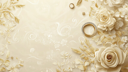 Illustration featuring intricate floral patterns, gold leaf elements, rings, and a rich color palette of ivory and gold, designed for a high-end wedding invitation.