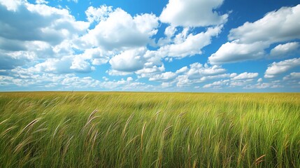 Lush green grass field under a blue sky with puffy white clouds.