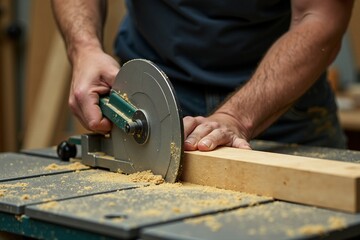 A person uses a circular saw to cut a wooden plank