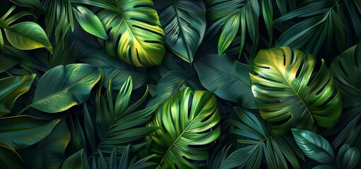 Fototapeta premium Vibrant tropical leaves with lush green tones and bright highlights, featuring various leaf types in an intricately layered, exotic botanical arrangement that radiates freshness and natural beauty