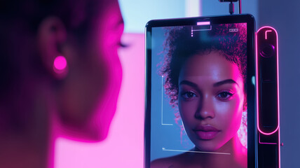 A woman gazing into a digital mirror with her reflection illuminated by neon pink light, exploring technology and self-perception.