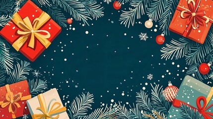 A festive backdrop featuring Christmas presents adorned with bows and tied ribbons, surrounded by green fir branches and traditional ornaments, creating a holiday atmosphere.
