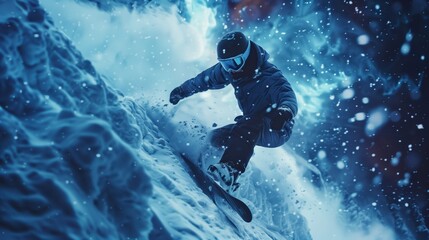Snowboarder is carving down a mountainside at night, illuminated by the moon and snow