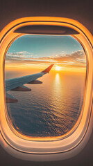 Fototapeta premium A plane flying over the ocean with the sun setting in the background. The sky is a beautiful mix of orange and blue colors