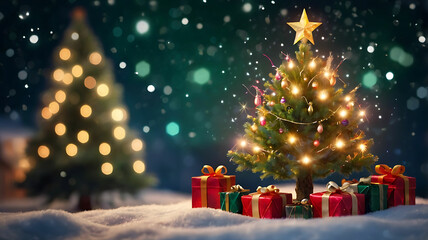 Festive Christmas Tree Scene with Lush Green Tree, Colorful Ornaments, Twinkling Lights, Shimmering Star Topper, Tinsel, Ribbons, Wrapped Presents, and Dreamy Bokeh Background