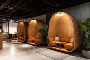 Modern workspace with wooden pods for relaxation and collaboration.