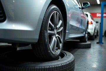 A close-up shot of a tire on a car in a garage, providing a detailed view
