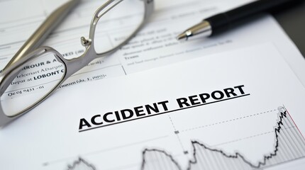 Accident report document with glasses and pen on desk