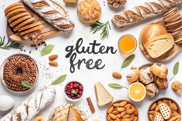 Assorted gluten-free bread and pastries arranged in a circle with text in the center on a white background