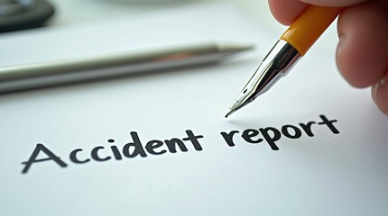 Close-up of accident report form with pen and hand ready to write
