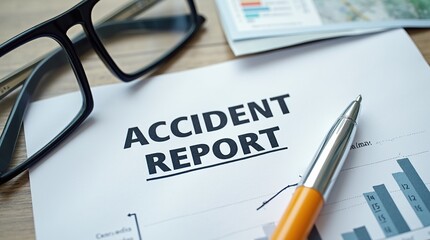 Accident report document with pen and glasses on a desk