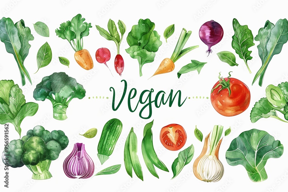 Wall mural watercolor illustration of various vegetables surrounding the word 