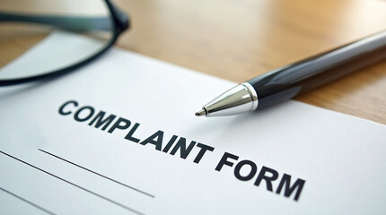 Complaint form with pen and glasses on a desk surface