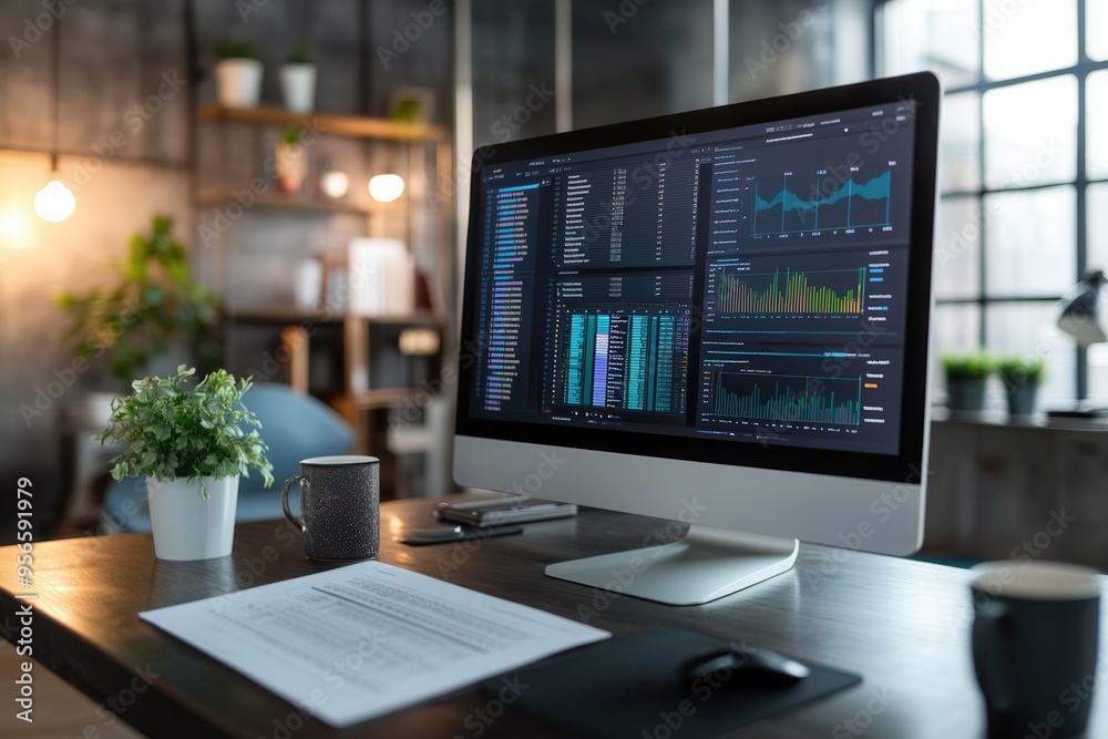 Aufkleber An expert focuses on a large screen displaying complex data, surrounded by a tidy workspace with a notepad and coffee mug. Generative AI