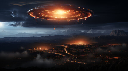 An NLO glides silently across the sky, its otherworldly shape illuminated against the backdrop of twilight. The mysterious NLO hovers, leaving a trail of intrigue in its wake.