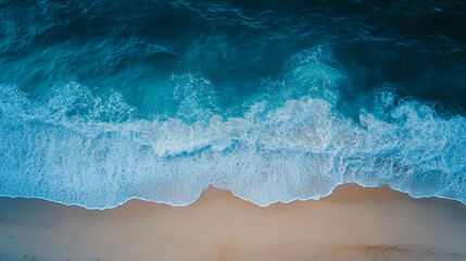 Beach Sand Sea Shore with Blue wave and white foamy Summer background,Aerial beach top view overhead seaside.