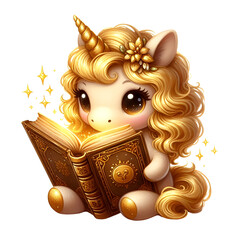 Cute Gold Unicorn Reading a Storybook Watercolor