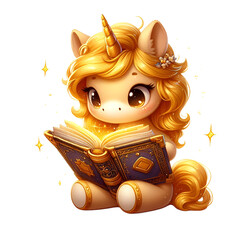Cute Gold Unicorn Reading a Storybook Watercolor