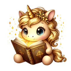 Cute Gold Unicorn Reading a Storybook Watercolor