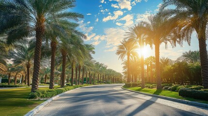 Fototapeta premium View of palm date trees along a sunny roadside, with well-manicured landscaping and a bright sky, perfect for travel and outdoor scenery concepts