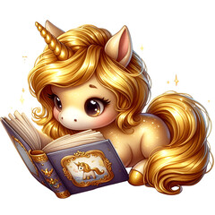Cute Gold Unicorn Reading a Storybook Watercolor