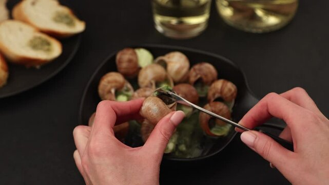 Escargot bourguignon with butter and garlic. Traditional French dish made from snails, served with baguette and white wine. A woman takes a snail out of its shell. Selective focus, black background.