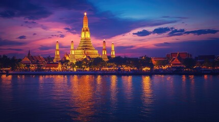 Naklejka premium Wat Arun illuminated at dusk with its ornate spires glowing against the twilight sky, reflections shimmering on the Chao Phraya River below