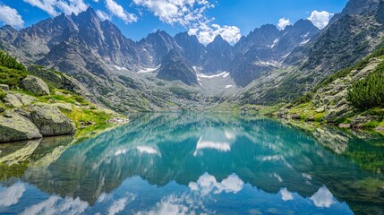 Obraz premium A serene mountain lake reflecting a blue sky and fluffy clouds with a view of the surrounding peaks.