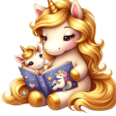 Cute Gold Unicorn Reading to a Baby Unicorn Watercol