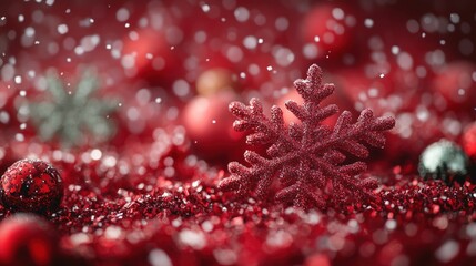Glistening red and green snowflakes falling on a peaceful Christmas night.
