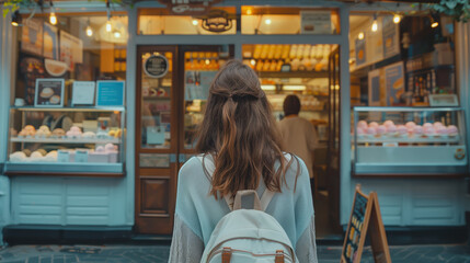 Woman with a backpack contemplates her order while gazing at a pastry shop window display