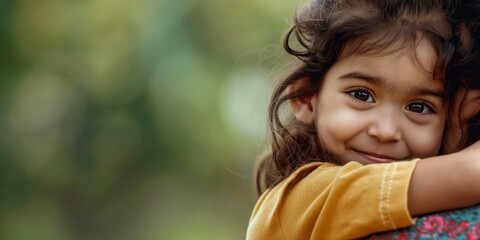 Fototapeta premium A young girl with a big smile, hugging someone outdoors, feeling loved and secure, with a bright background of green foliage highlighting her innocent and happy expression.