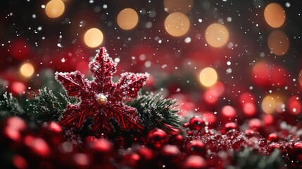 Glistening red and green snowflakes falling on a peaceful Christmas night.