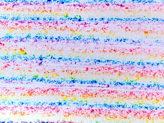 Bakcground of rainbow colored horizontal lines on a clear paper fond. Colored pencils children drawing. LGBT rainbows symbols colorful.Crayon draw on a white paper