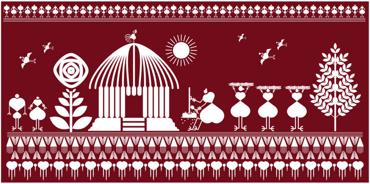 warli painting, helicopter flying through flower ,tribal woman is walking through a wood-picking path,warli atr in the sky, birds, sun, open sky, village wall Art,maharashtra, Worli Art Gujarat, Worli