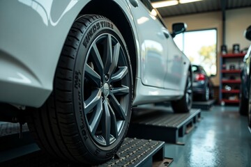 Fototapeta premium A car is raised on a lift in a garage, ready for maintenance or repair