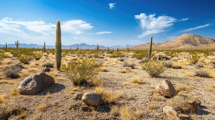 A panoramic view of a desert landscape with scattered cacti, rocks, and sparse vegetation, under a bright blue sky, capturing the vastness of the arid terrain