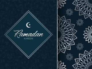 Silver text Ramadan Kareem on blue background with silver frame and abstract seamless pattern with floral mandala elements. Elegant festive design for greeting card or poster for Ramadan.