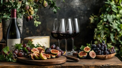 Fototapeta premium A rustic table setting with dates, figs, and cheese, with wine glasses in the background, creating an inviting scene for a gourmet meal