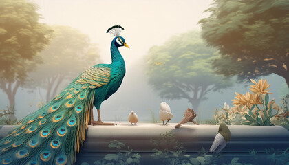 an image showcasing the wildlife commonly found in Mughal Gardens, such as peacocks and other birds, highlighting their role in the garden's ecosystem.