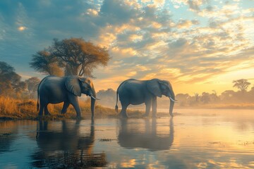 Naklejka premium Pair of elephants walking in misty sunrise by water