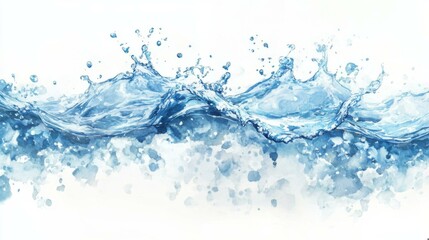 Water Splash Watercolor Painting: Blue Water Droplets and Ripples