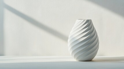 Fototapeta premium White ceramic vase with spiral design on a white background.